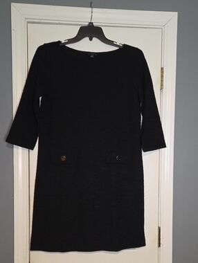 Ann Taylor Factory Black Midi Shift Dress with Pocket Detail